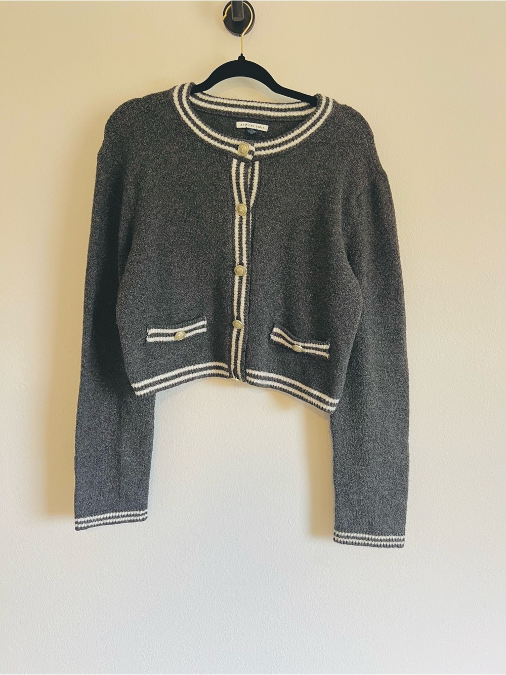 American Eagle Outfitters Charcoal Cropped Cardigan with Cream Trim